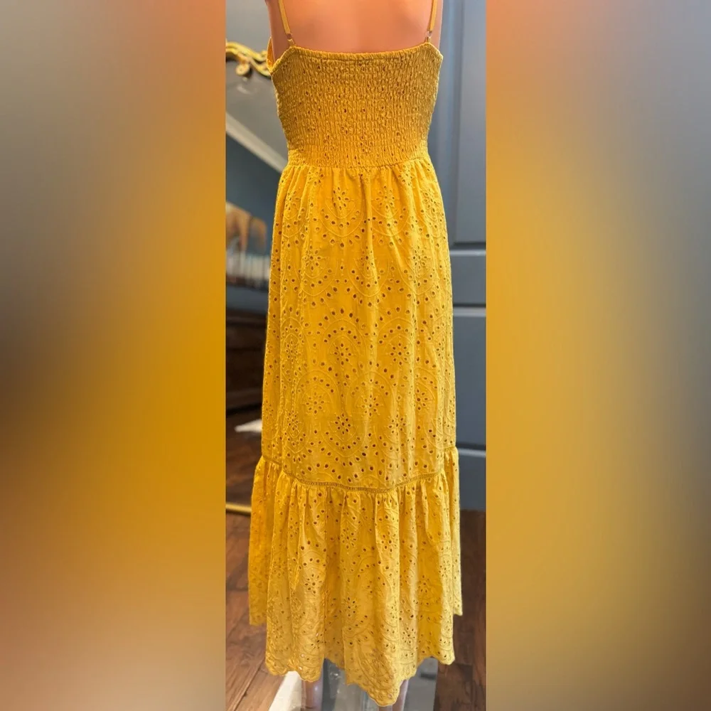 Boho Eyelet Midi Dress Mustard Yellow Sundress Slit Summer Size S - Picture 3 of 8